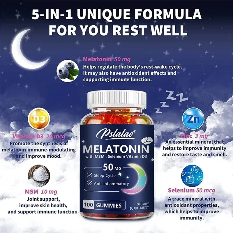 Melatonin Gummies 50mg - Sleep Support Stress Relief Improved Sleep Quality Boosted Energy Production Increased Vitality