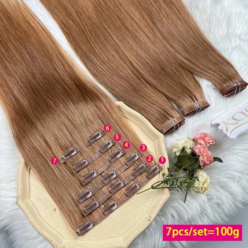 #30 Color Straight Invisible Seamless Clip in Hair Extensions PU Clip Ins 7Pcs/Set 100g 100% Raw Virgin Human Hair Full Head