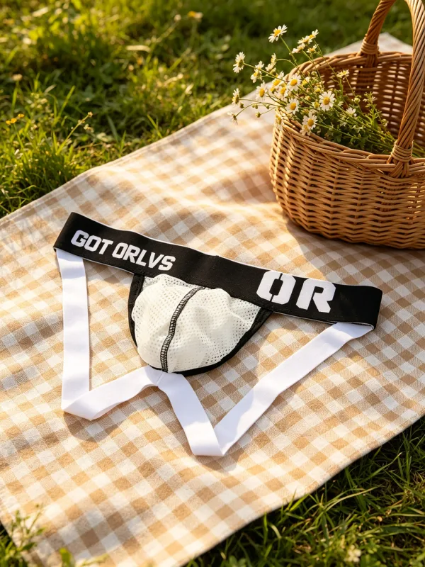 Intimo da uomo in rete con perizoma a G, lettera stampata a contrasto, ampia vita elastica, custodia a U con contorno 3D, materiale a rete fine, sofisticato