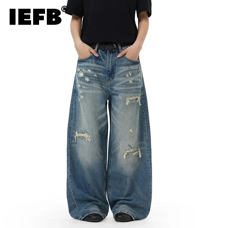 Retro Men's Washed Blue Jeans Distressed Straight Leg High Waist Loose Casual Wide Leg Denim Long Pants Fashion New 9X3258 — image 2