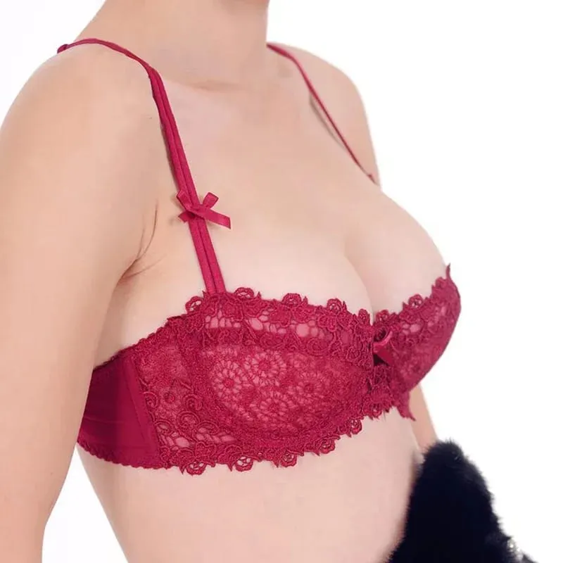 Plus Size Sexy Half Cup Lace Bra Sheer Mesh Unlined Bralette for Women A D Cup Invisible Push Up Underwire Lingerie Set — image 3