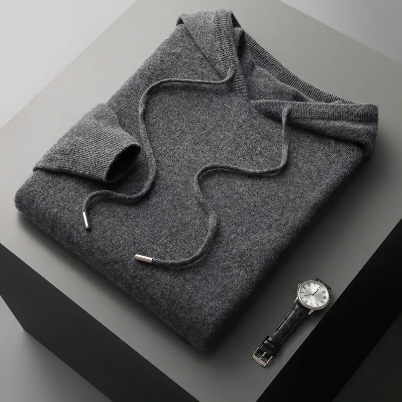 Men's 100% Merino Wool Sweater Hooded Collar Knitted Pullover Sweatshirt Autumn Winter Casual Large Tops Long Sleeved