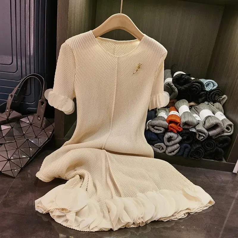Miyake Pleated Dresses 2025 Summer New Plisse Round Neck Fold Elegant Pleat Solid Loose Thin Short Sleeve Pleats Dress Women
