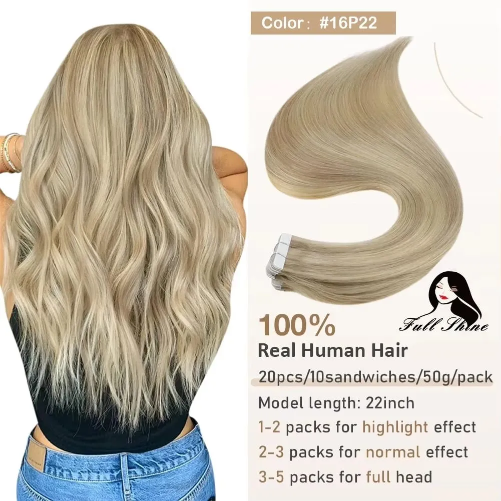 Full Shine Tape hajhosszabbításhoz 20 db Skin Weft Remy Straight Hair Ragasztó brazil hajra nőknek — image 11