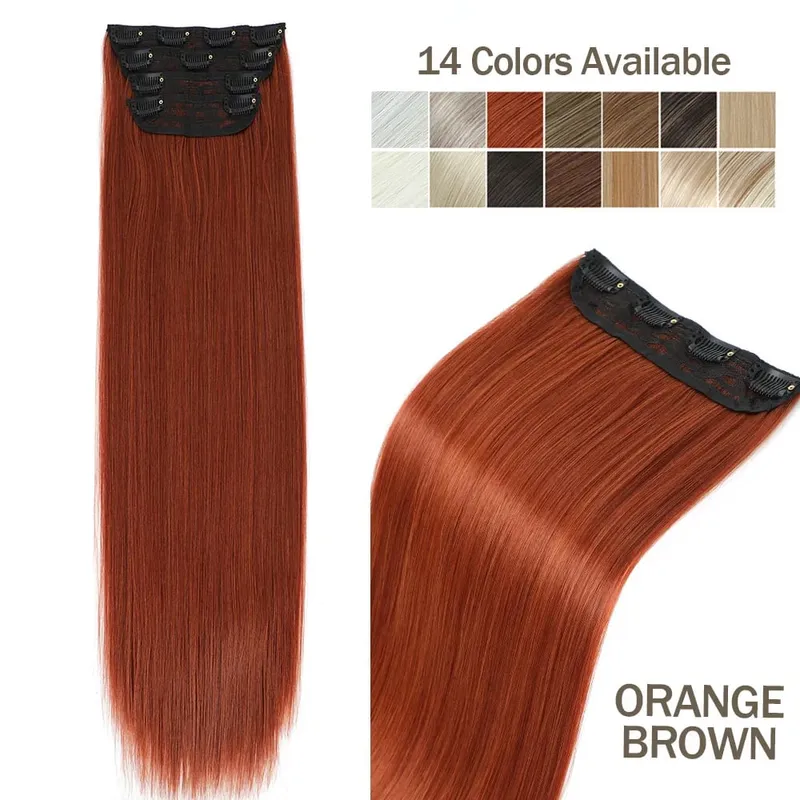 4Pcs 24 Inch Clip In Hair Extensions 200g Colored Brown Blonde Synthetic Heat Resistant Straight Hairpieces Thick Ends For Women