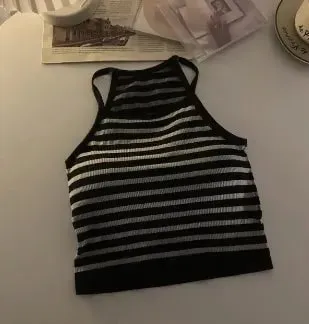Korean Version Women Tank Tops Thread Solid Casual Fashion Crop Top with Chest Pad Stripe Sleeveless Outer Wear Basic Camisole