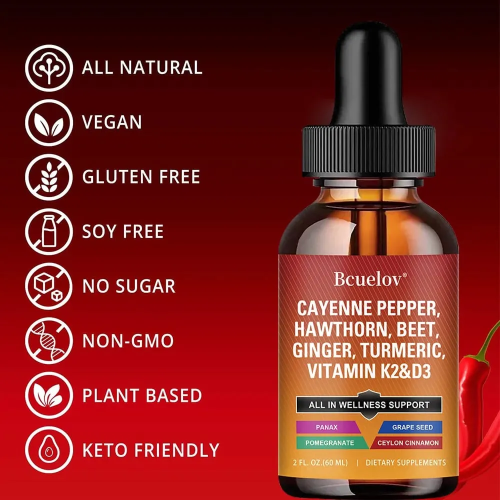 Cayenne Pepper Liquid Drops + Hawthorn Vitamin D3 K2 Ceylon Cinnamon Turmeric Organic Ginseng Supplement for Gut Health