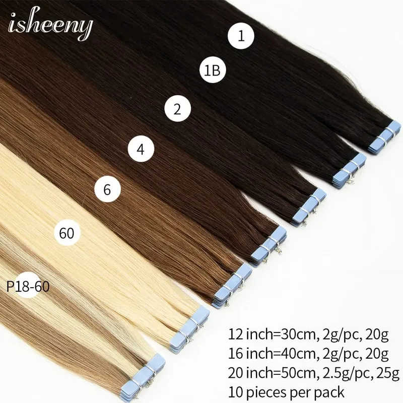 머리 확장에 Isheeny 보이지 않는 테이프 12 "16" 20 "피부 Weft 테이프 Ins 10pcs 자연 스트레이트 기계 레미 인간의 머리카락 제작 — image 3