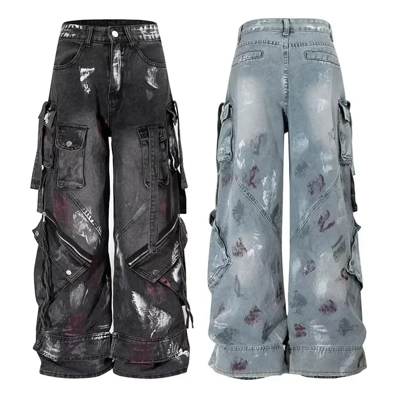 2000s Y2K heavy industry drag pants Gothic multi-pocket hip hop wide leg jeans washed black jeans men and women street pants
