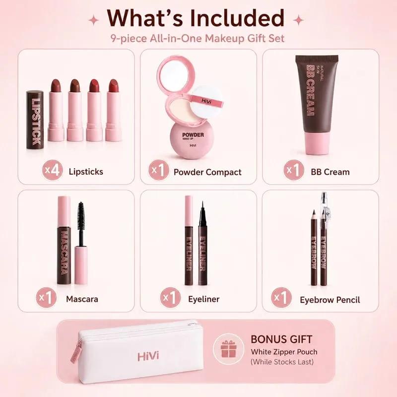 9PCS Makeup Gift Set for Women All-in-One Lipstick Mascara Eyeliner BB Cream Powder Compact Travel Beauty Kit for Beginners