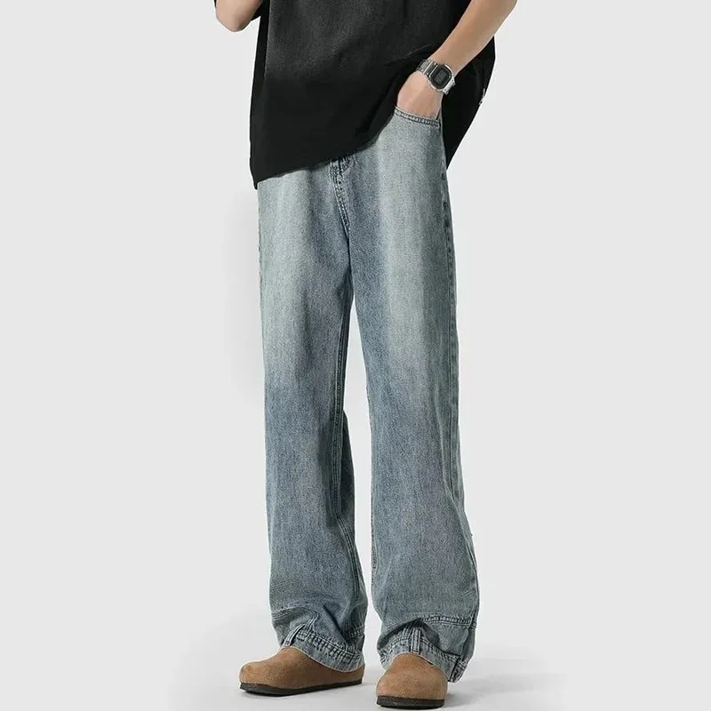 Autumn Men's High Street Fashion Baggy Jeans Reverse Pocket Design Straight Wide Leg Denim Trousers Solid Color Y2K Vintage Jean