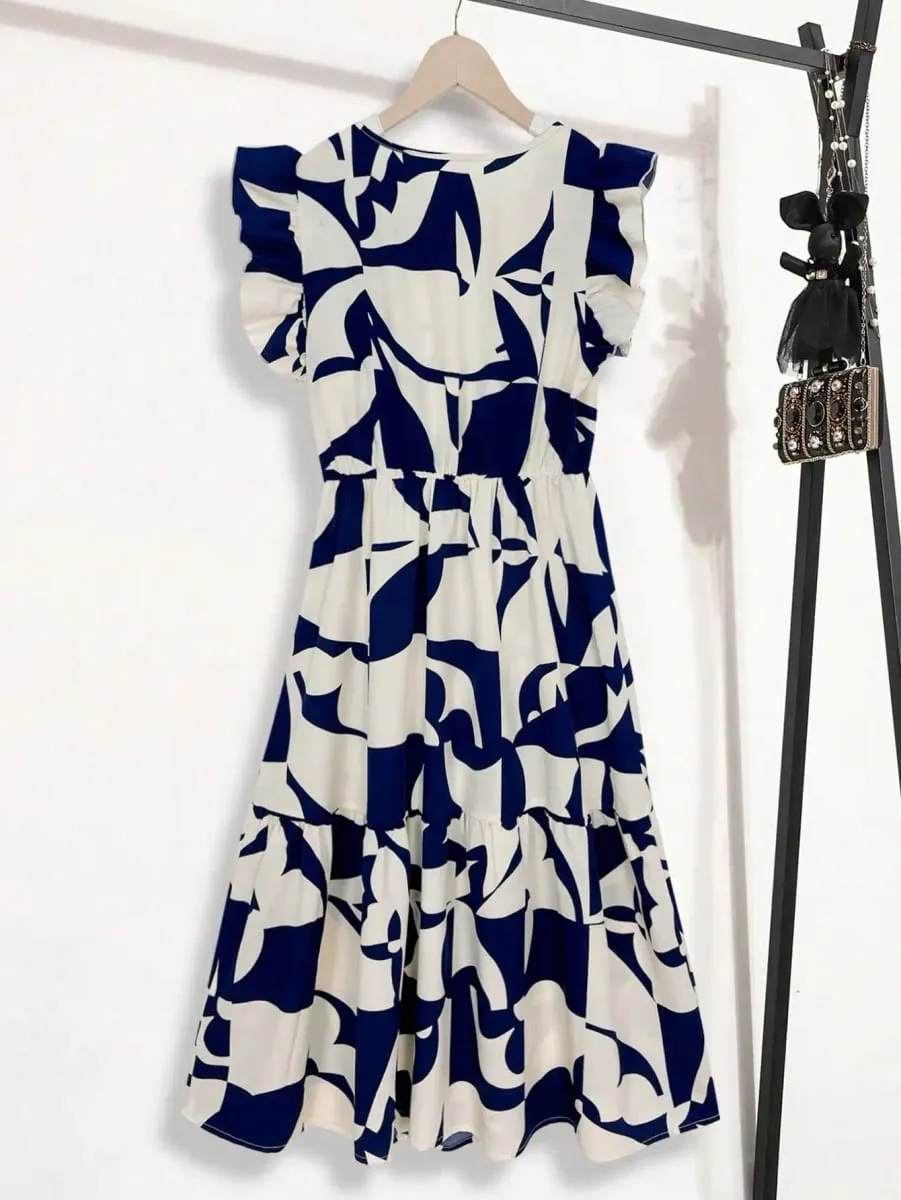 Womens Navy Blue Abstract Print Ruffle Sleeve Tiered Midi Dress Round Neck A Line Summer Casual Dress