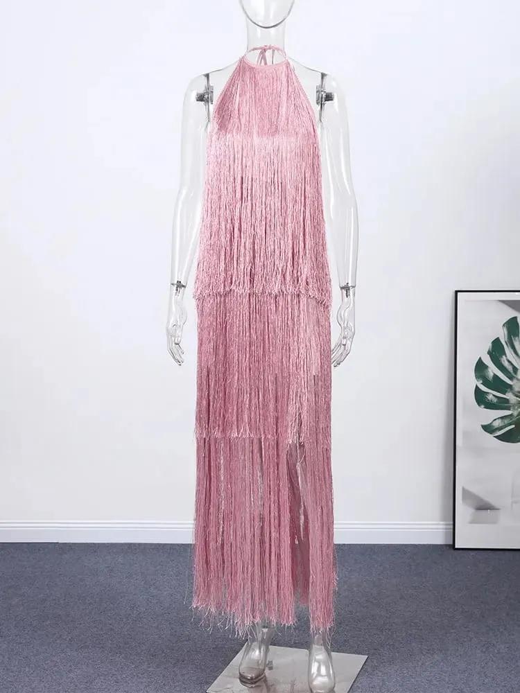 Vestido de festa feminino halter sem mangas sem costas borla sólida feminino longo vestidos de férias 2026 moda verão elegante senhora robe