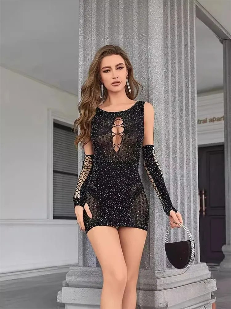 2 stuks dames sexy jurk strass uitgehold rekbare jurkset slim fit doorzichtige mini-jurk en handschoenen feestclub straatkleding