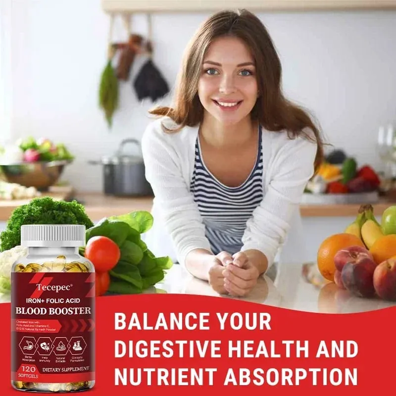 Iron + Folic Acid Blood Tonic - Replenish Iron Content No Side Effects Iron Supplement- with Vitamin C Vitamin B12 Folic Acid