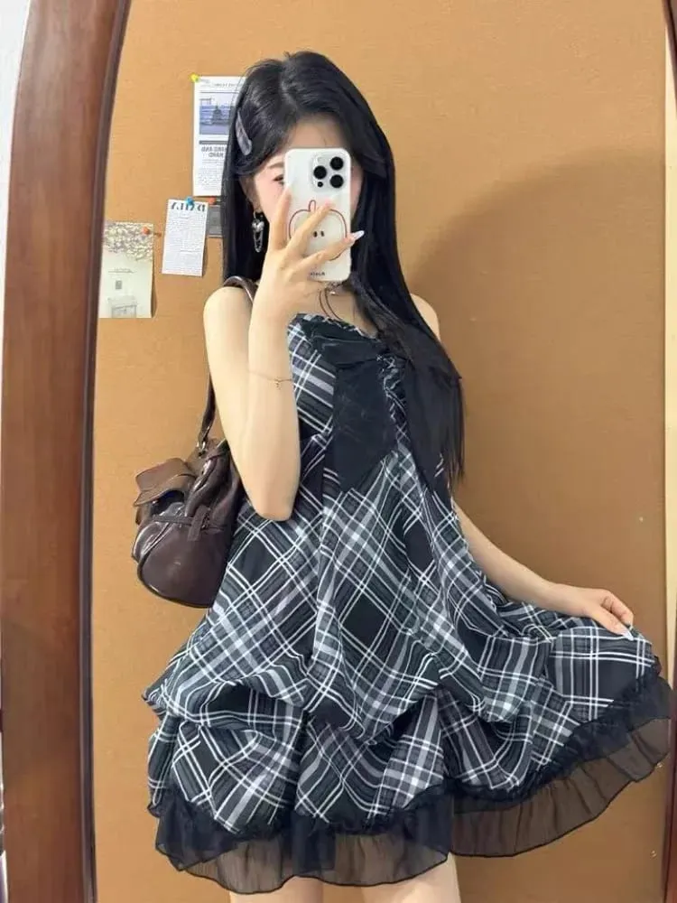 2025 Japanese Vintage Style Strap Dress Women Korean Fashion Black Lace Cami Dresses Summer Sweet Patchwork New One Piece Dress