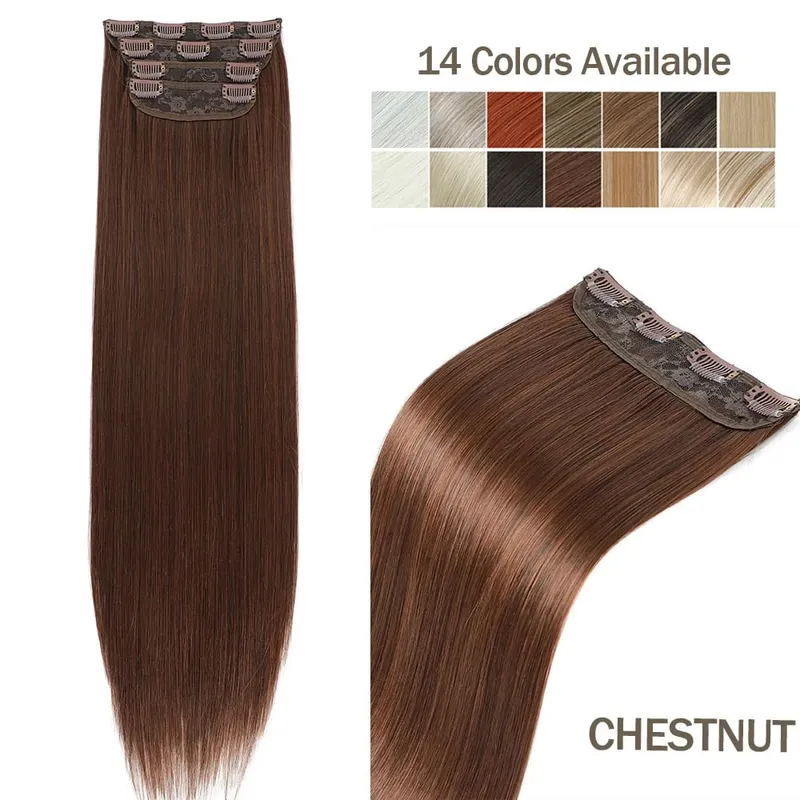 4Pcs 24 Inch Clip In Hair Extensions 200g Colored Brown Blonde Synthetic Heat Resistant Straight Hairpieces Thick Ends For Women