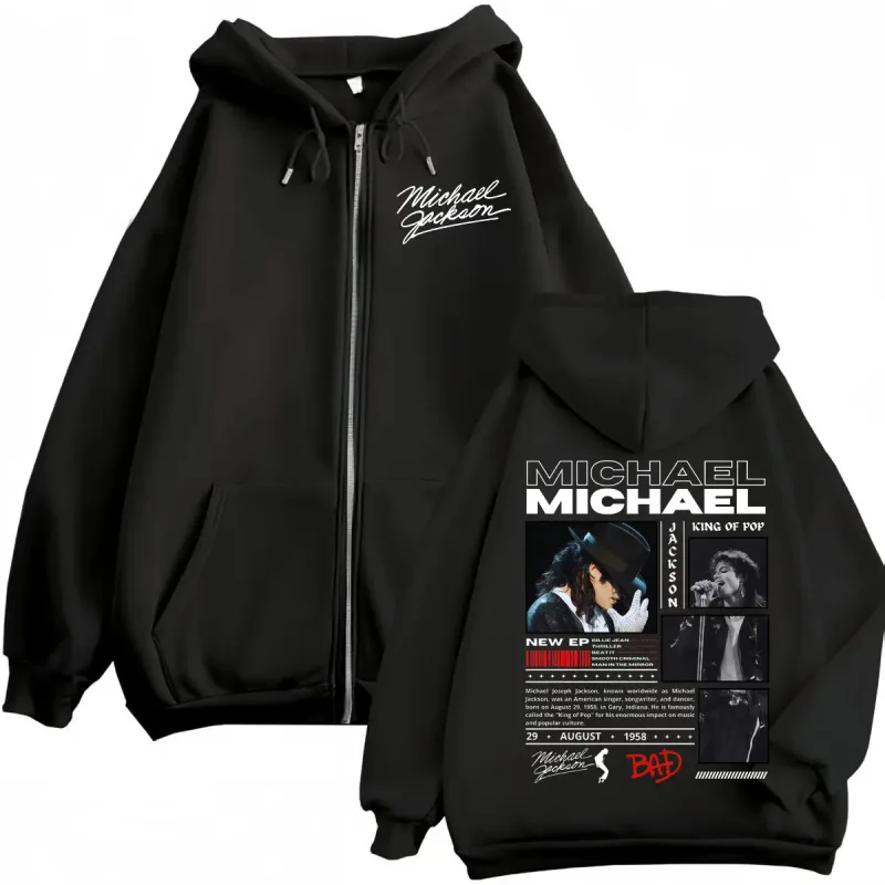 Penyanyi Michael Jackson Klasik Ritsleting Hoodie Rock Fashion Vintage Zip Up Pullover Pria Wanita Kasual Lengan Panjang Kaus — image 1