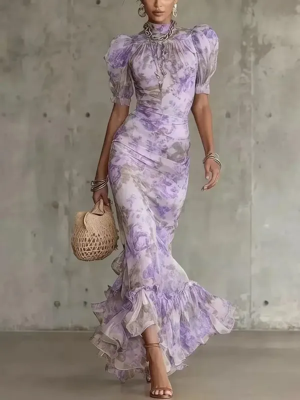 Women Chic Pink Floral Print Maxi Vestido Elegant V Neck Ruffle Trim Flare Sleeve Ruched High Chiffon Dress 2026 Party Outfit