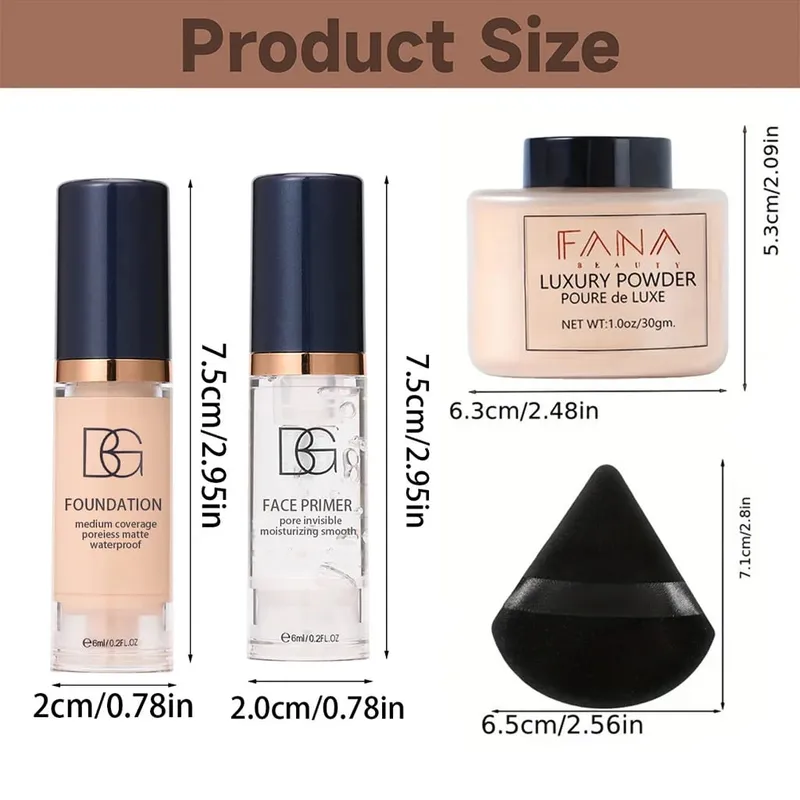 4-Pcs Set Face Makeup Bundle - Smoothing Primer Matte Foundation Setting Powder with Puff - Long-Lasting Waterproof Value Pack