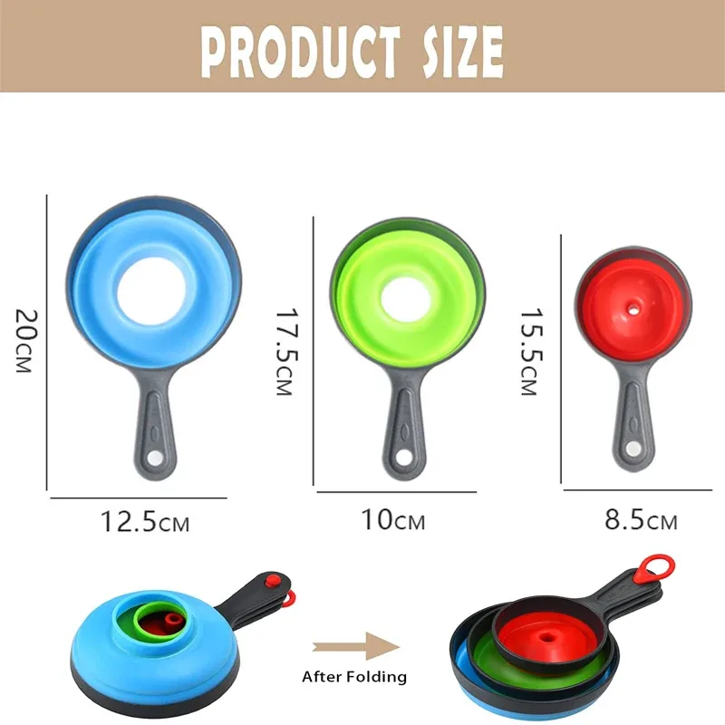 3 Buah/Set dengan 3 Ukuran Corong Dapur Lipat Silikon Teleskopik Corong Bubuk Cair Mulut Lebar Selai Corong Peralatan Dapur — image 6