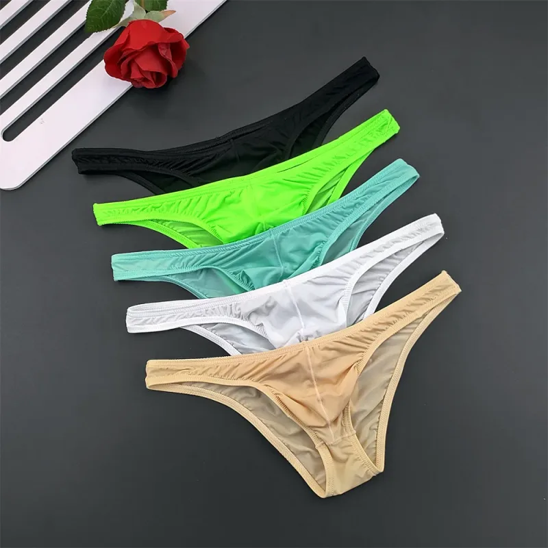 Slip en soie glacée pour hommes, 5 pièces, sous-vêtements avec poche en U, taille basse, sous-vêtements transparents Ultra fins, culottes Sexy grande taille pour hommes, nouvelle collection