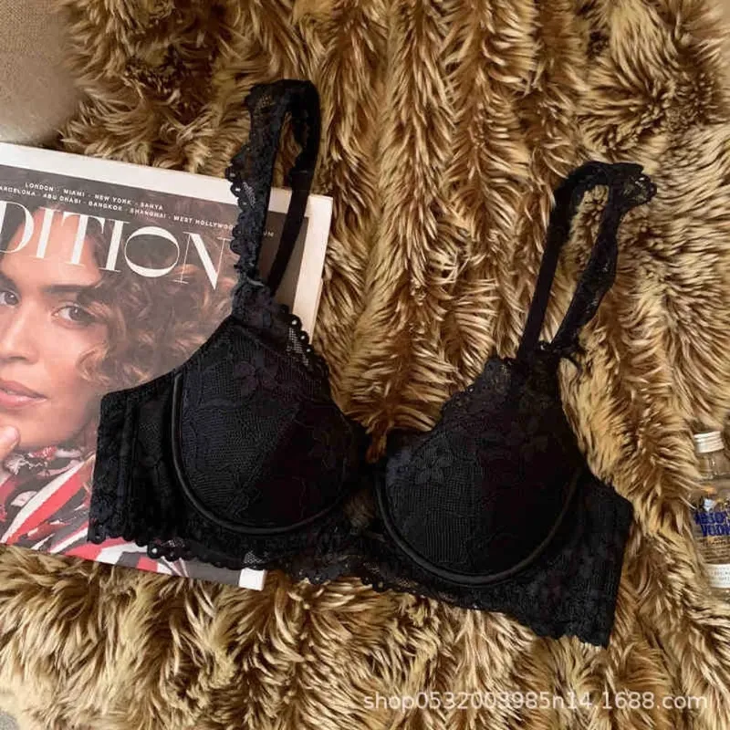 Conjunto de sutiã feminino de renda manga flutter francesa macio underwire fino respirável sexy minimizador beleza costas lingerie 32-38 ab
