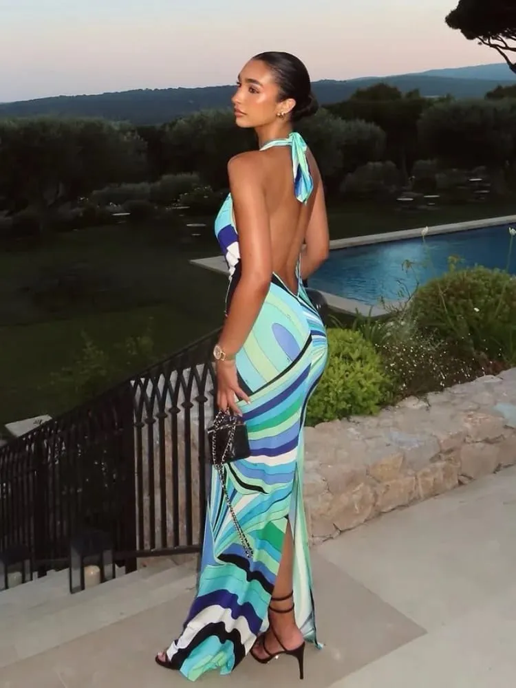 Moda Baskılı Halter Uzun Elbise Kadınlar için Zarif Kolsuz Backless Ince Bodycon Maxi Elbiseler Şık Yaz Plaj Parti Elbiseler — image 3