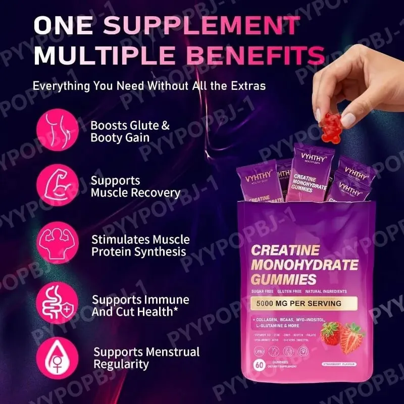 60 Count Creatine Monohydrate Gummie with Collagen Biotin Vitamin D3 & Hyaluronic Acid Daily Pre & Post Workout Recovery Support