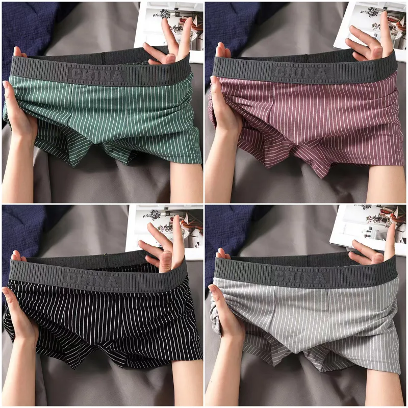 4Pcs Boxer Shorts Men's Underwear Sexy Panties Cotton Boxers Striped Underpants Male Shorts U Convex Lingerie Plus Size L-6XL