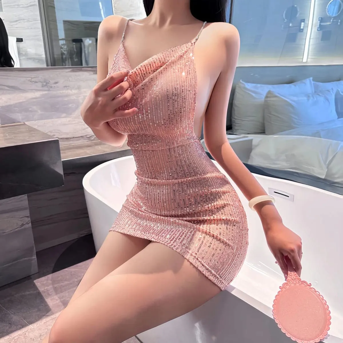 Đầm Chặt treo hông ôm váy ngắn kim sa lấp lánh quần áo nữ Đầm Dự Tiệc người phụ nữ cô gái gợi cảm cao su nữ quần áo xxx