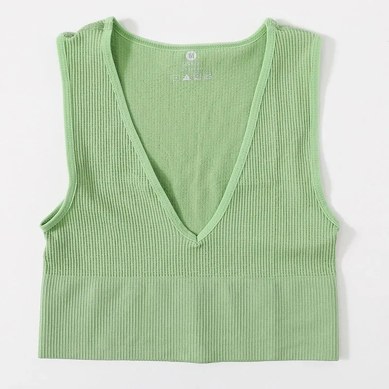 Deep V-Neck Wome Crop Top Solid Color Slim Fit Tank Stretchy Sleeveless Vest Casual Ribbed Knit Bra Top Low Cut Camisole M-XL