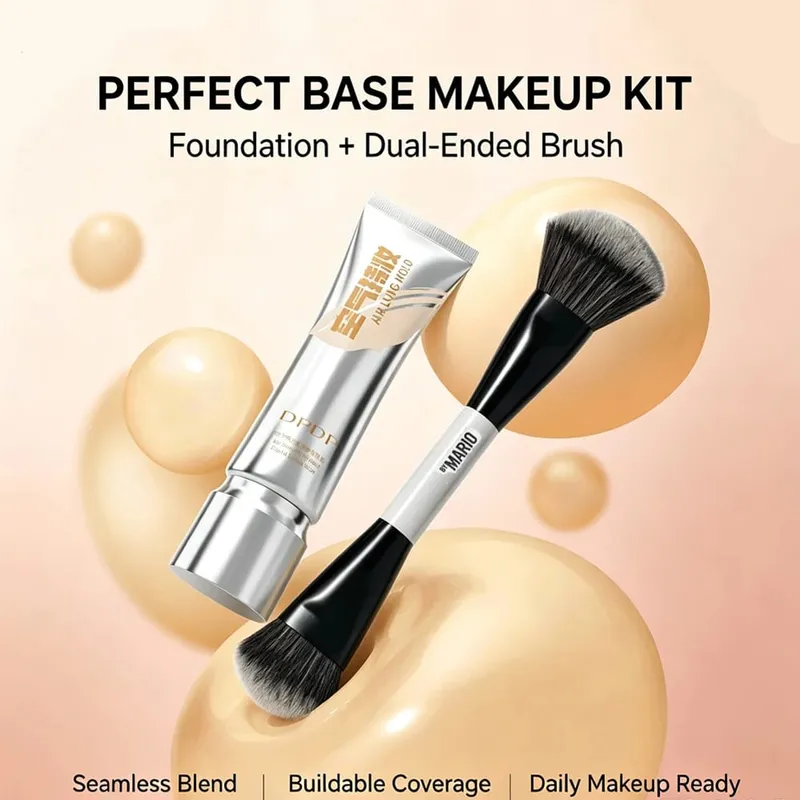30ml DPDP Long-wear Liquid Foundation + F4 Dual-ended Foundation Makeup Brush Set Long Lasting Coverage Base Cosmetic Applicator