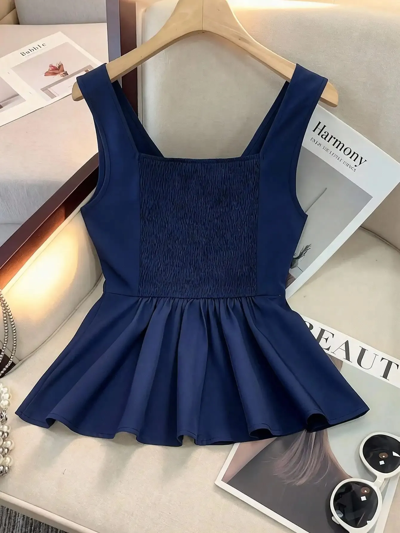 Slim-fit Cami with Ruched Back & Thick Straps Ruffled Hem Stretch Gathered Design for All Body Types
