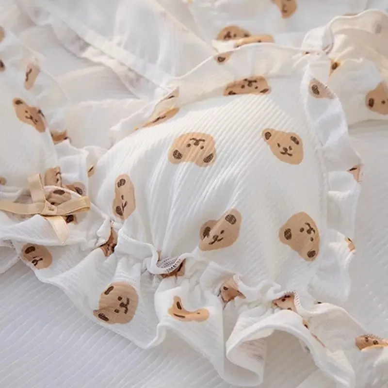 Japan Cute Girl Bear Bra Cartoon Cute Girl Without Steel Ring Anti-Sagging Sweet Ruffled Bow Bra Set as Well as Bra Single Piece