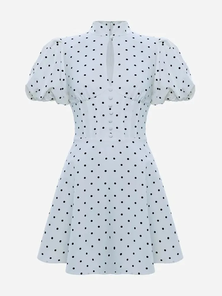 Retro Polka Dot Mini A-line Dress Elegant Stand Collar Puff Short Sleeve Waist-cinching Dresses 2026 New Lady Party Gowns — image 6