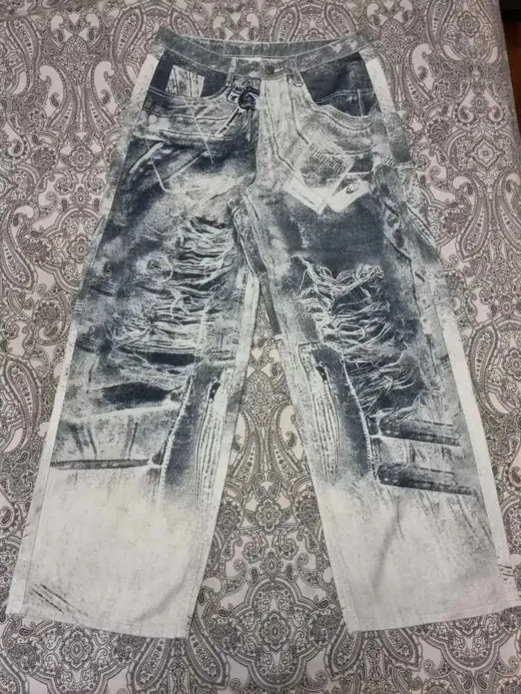 Mens Jeans Harajuku Y2K Streetwear Gothic Print Baggy Wide Leg Denim Pants Vintage Washed Straight Fit Grunge Punk Fashion Trend
