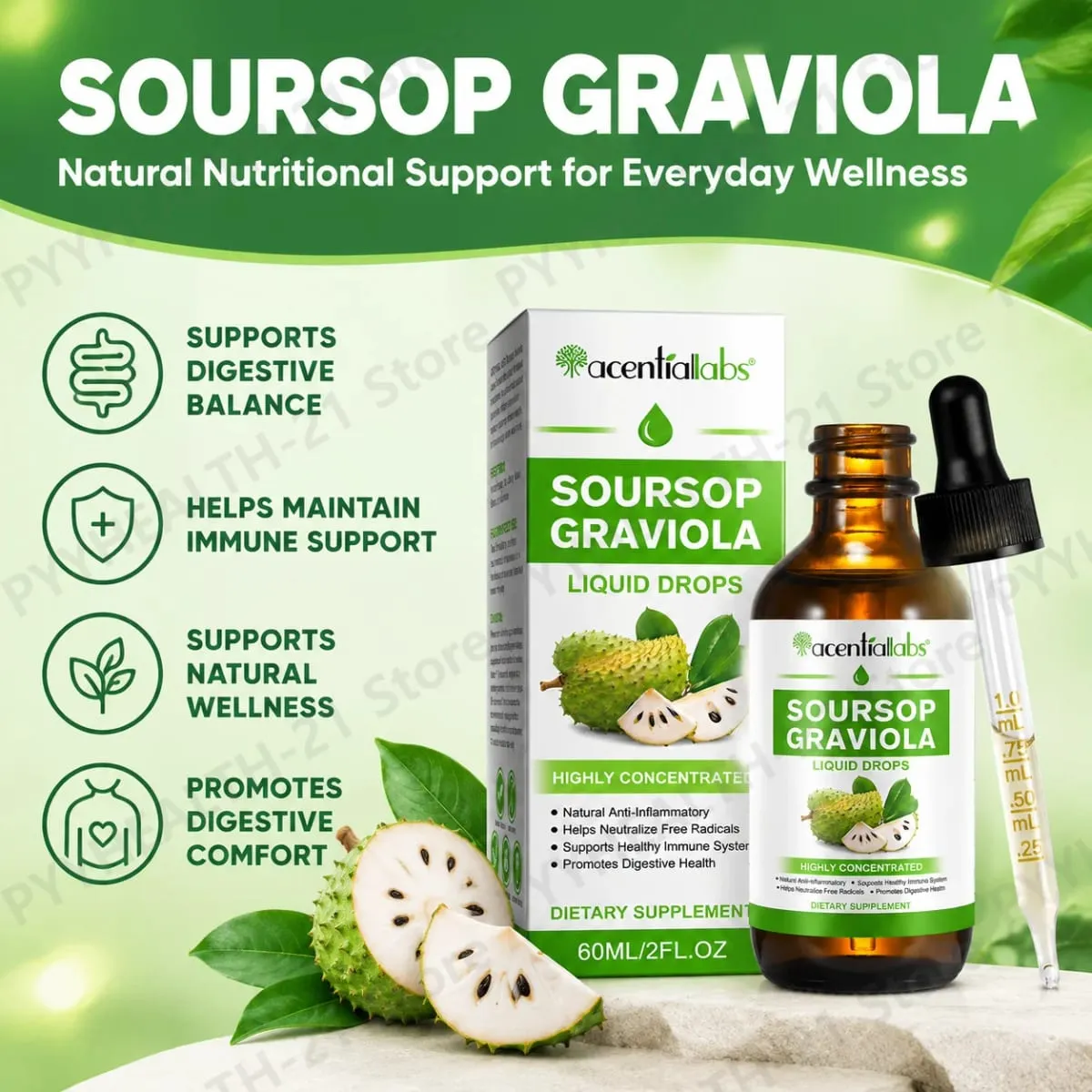 AcentiLabs Soursop Graviola Liquidหยดวิตามินซีรองรับระบบย่อยอาหารสุขภาพระบบภูมิคุ้มกันป้องกันอนุมูลอิสระ 60mlสำหรับผู้ใหญ่