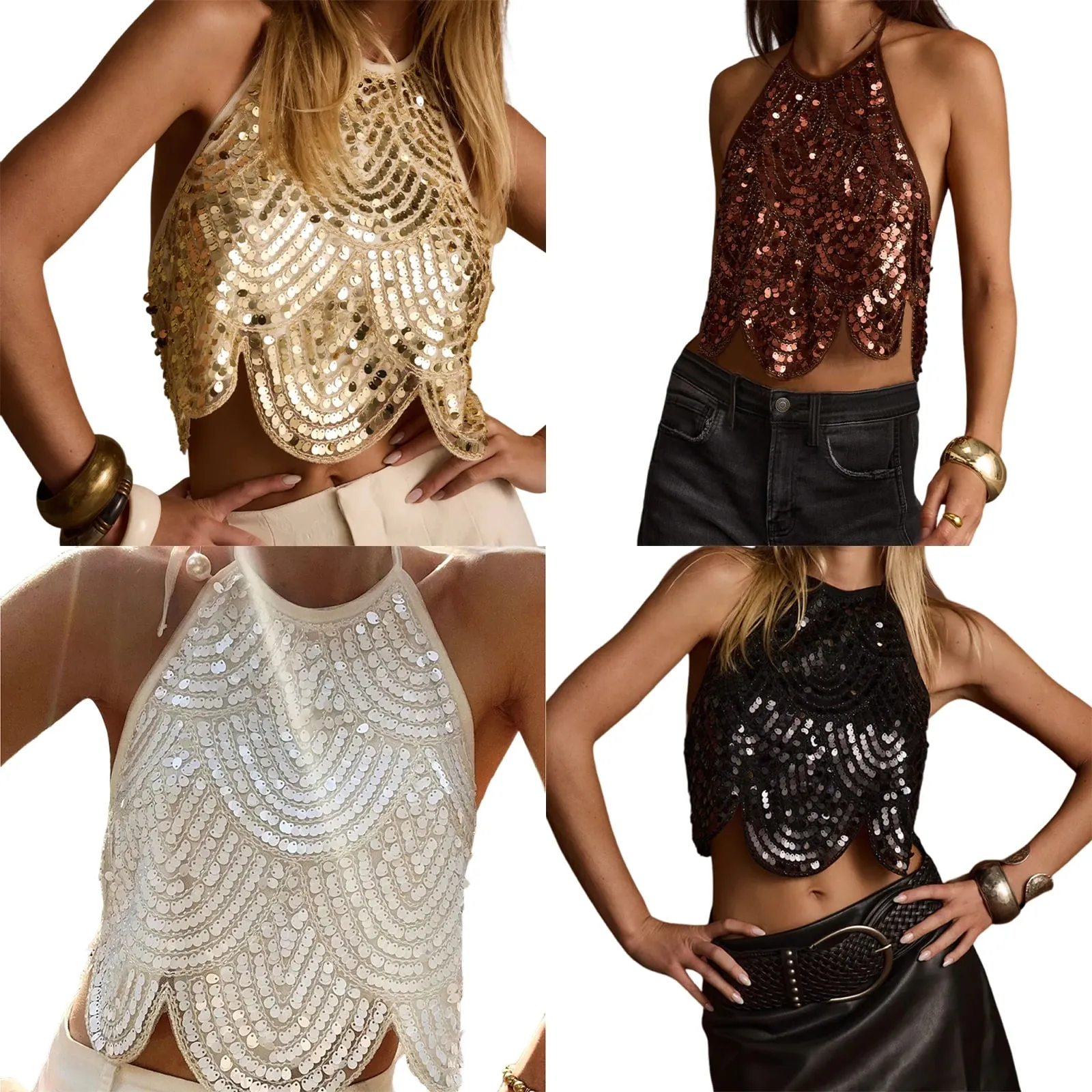 Sexig grimma paljettlinne för damer Backless Tie Up Sexig Sparkly Crop Top Ärmlös Glitter Party Toppar Klubbkläder