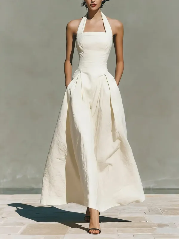 2026 Women's Spring and Summer Neck-Hanging Linen-Style Leisure Fashion Fitting Pocket Dresses