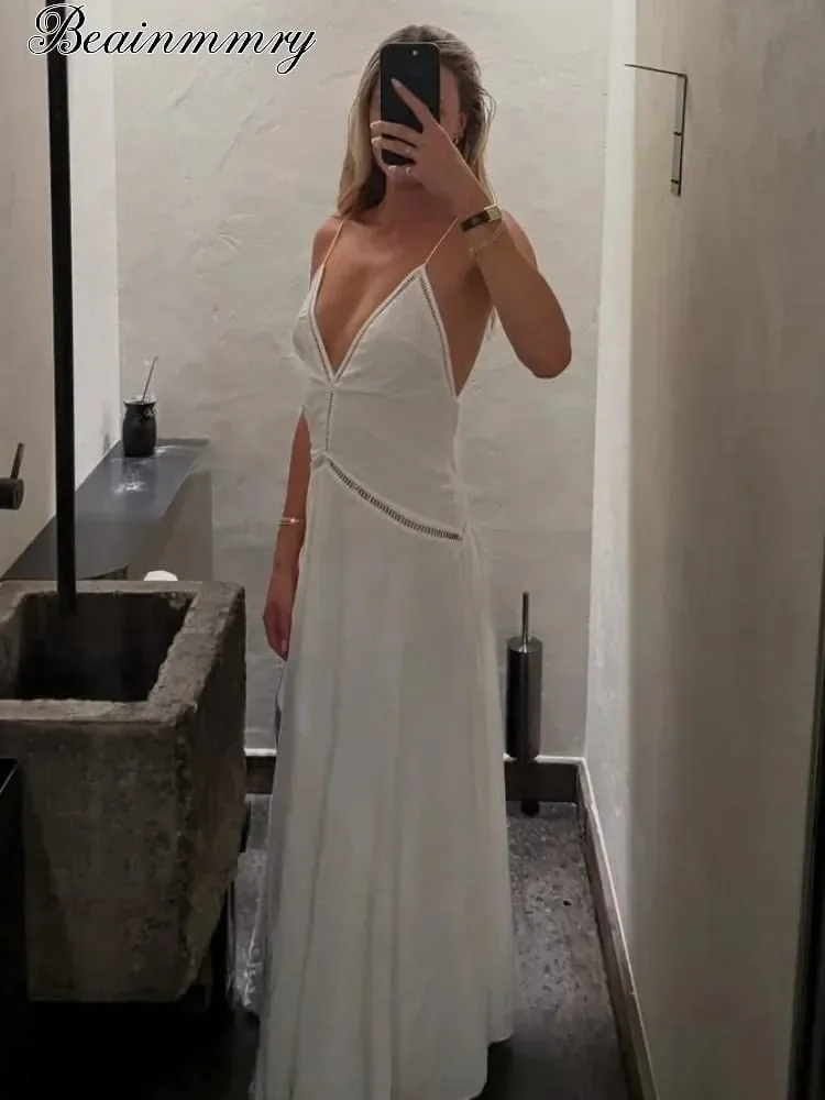 Elegant Deep V-neck Backless Long Dress Women Solid Spaghetti Strap Sleeveless Sling Dresses 2026 Lady Holiday Party Vestidos