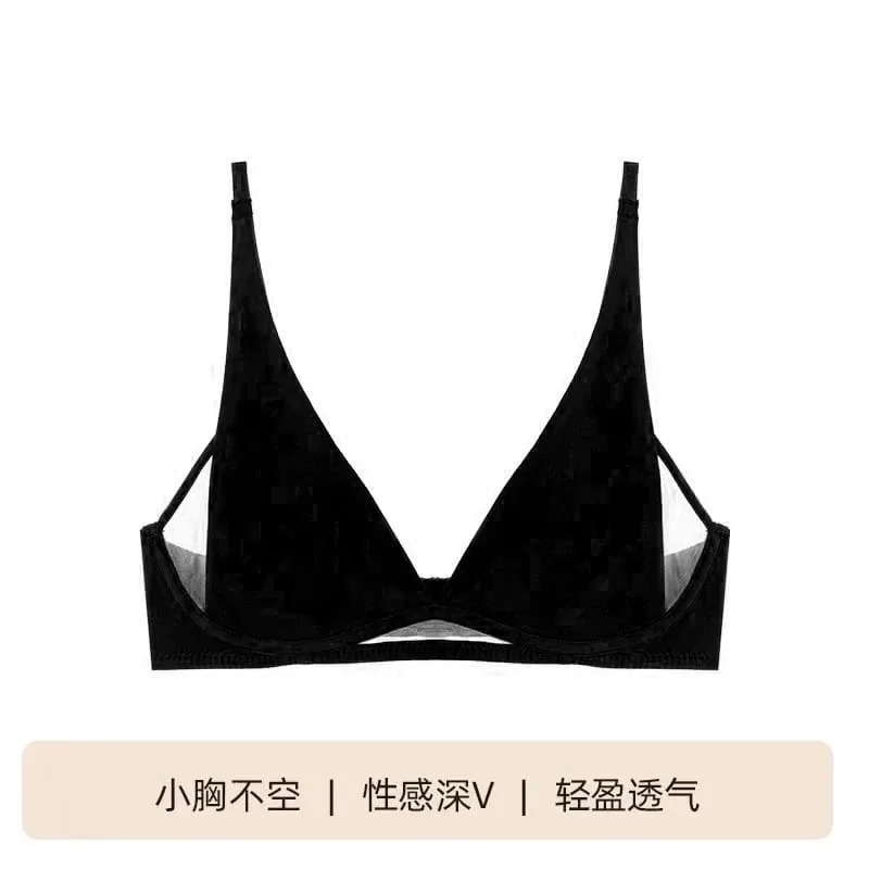 French Triangle Bra Rabbit Ear Cup Deep V Wireless Bralette for Small Bust No Gap Sexy Lingerie Set Breathable Summer Thin