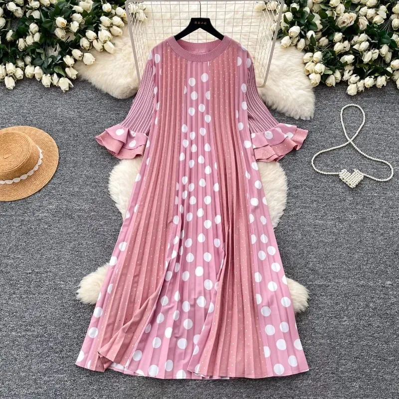 Miyake Pleated Polka Dot Dresses 2026 Summer Flared Sleeves Round Neck Fashion Pleated Long Dress Women Draped Elastic Clothing