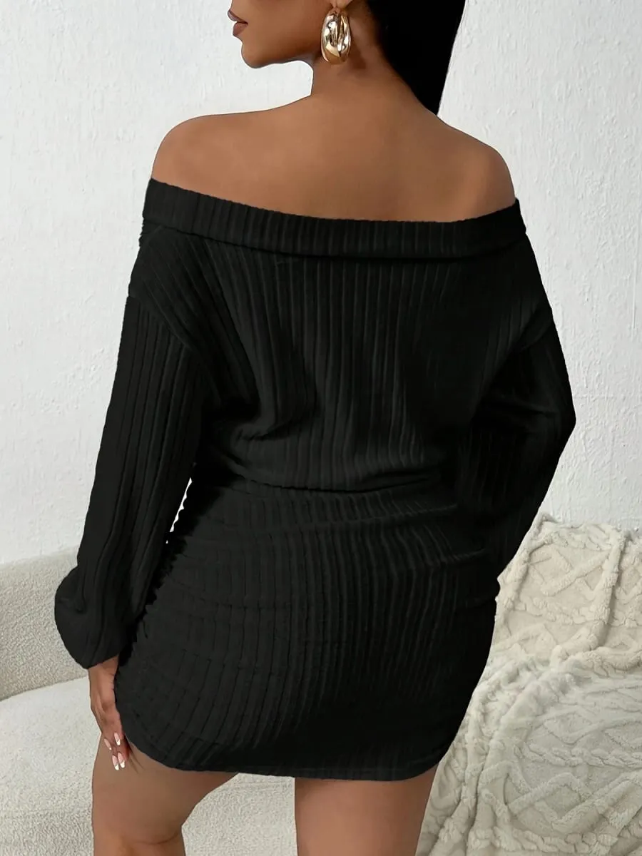 Vestido de malha de manga comprida multifuncional casual de um ombro