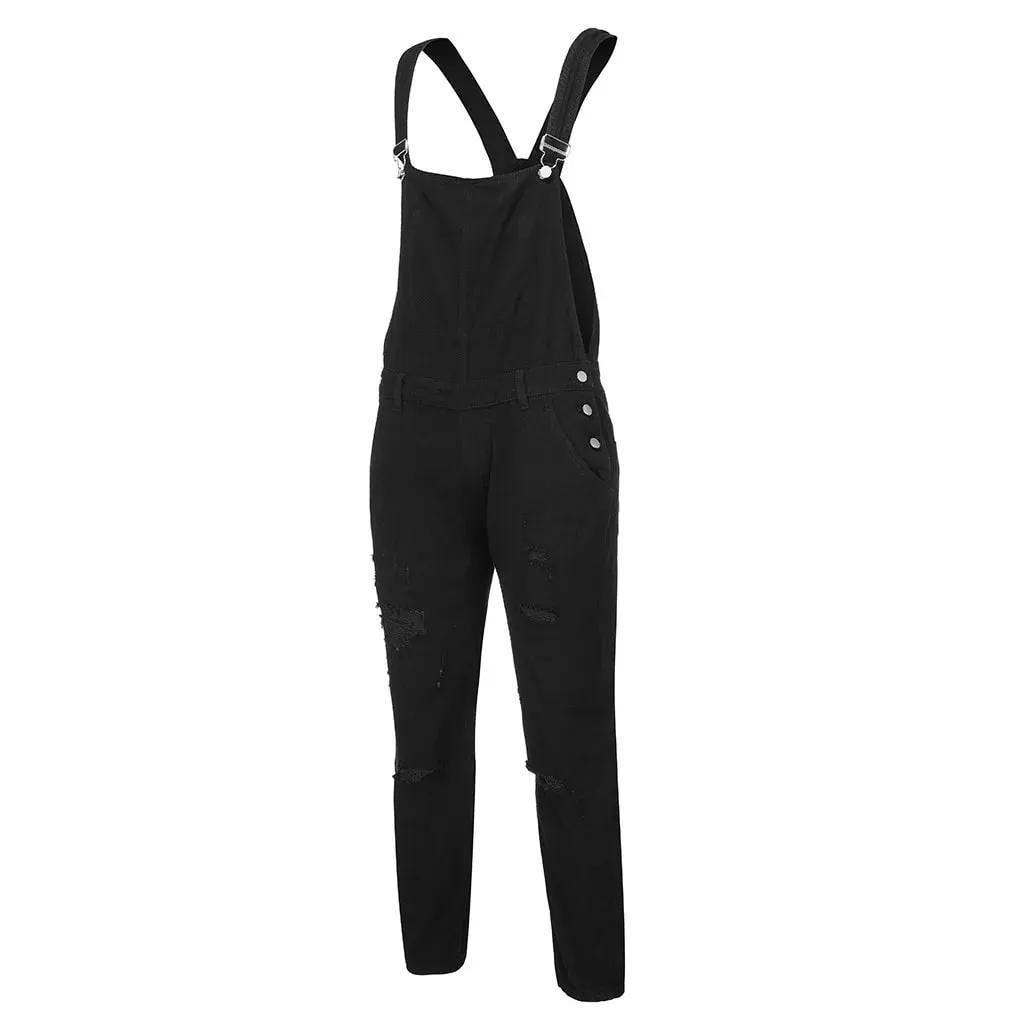Men Jeans Overalls Washed Denim Pencil Ankle Length One Piece Hole Distressed Pockets Casual Spliced Ripped Vintage Suspenders