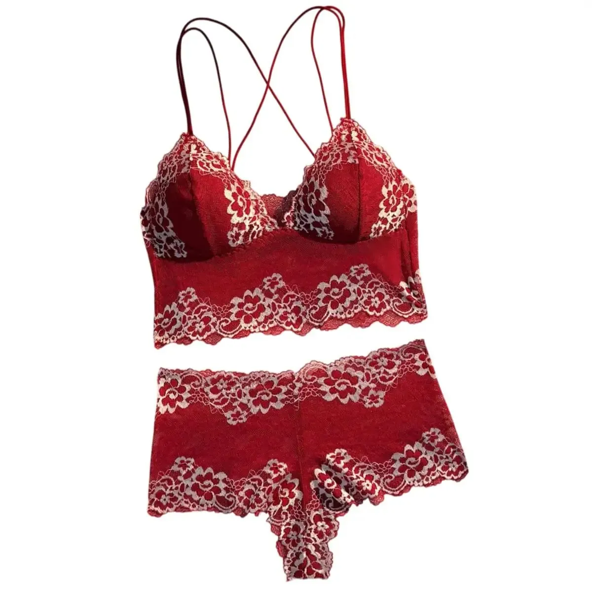 Exquisite Contrasting Floral Lace Close Fitting Mesh See Through Cross Beautiful Back Suspender Sexy Lingerie 2-piece Set 2026 — image 1