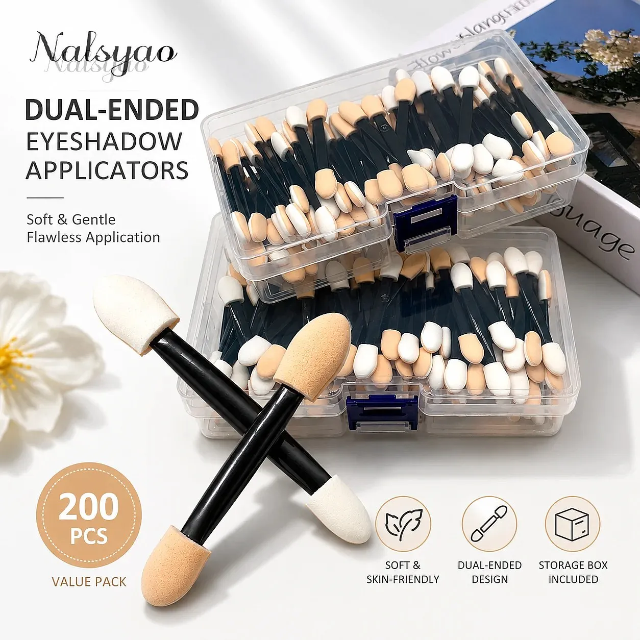 50/100/200PCS Dual-Sided Sponge Eyeshadow Applicators with Container – Long Handle Disposable Makeup Brushes Tool — image 4