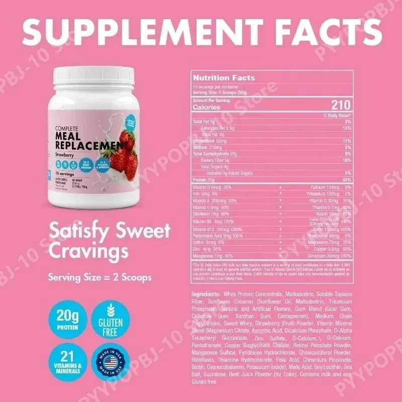 Meal Replacement Milkshake 20G Protein 5G Fiber 21 Vitamins Nutrients Minerals Strawberry Flavor 780g