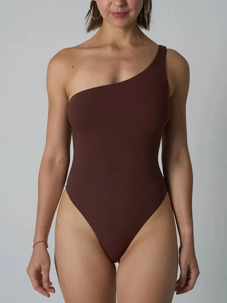 Diagonal Shoulder Jumpsuit Women's Solid High Elasticity Thin Shapewear Bodysuit Female Fashion Streetwear Slim Sports Underwear