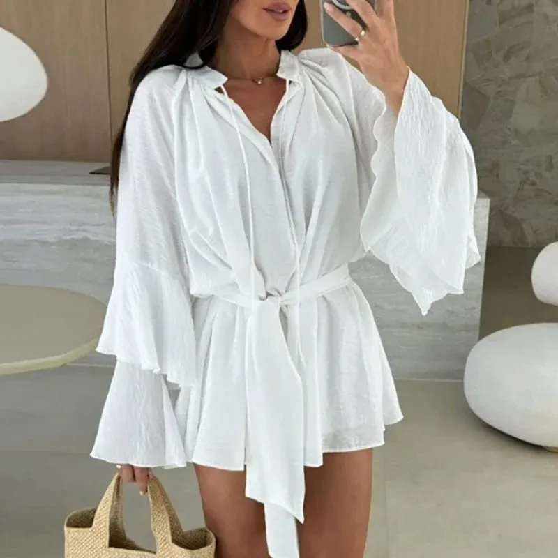 Xuân Hè Ren Rời Mini Váy Đầm Tay Loe Ngày Lễ Áo Cổ Chữ V Sâu Gợi Cảm Phối Ren Chắc Chắn Đầm Nữ vestidos